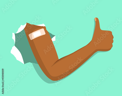 Black person arm breaks through green paper shows adhesive bandage after vaccination making thumb up gesture vaccine booster positive concept