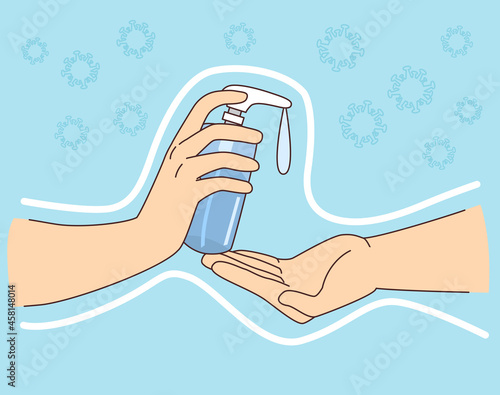 Human hands using hand sanitizer pulling alcohol gel protection concept for coronavirus, virus and bacteria infection