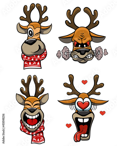 set of Christmas deer stickers. four funny illustrations with a deer's face. emoji stickers. christmas illustrations .vector illustration