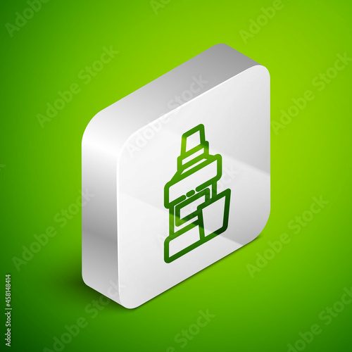 Isometric line Mouthwash plastic bottle and glass icon isolated on green background. Liquid for rinsing mouth. Oralcare equipment. Silver square button. Vector