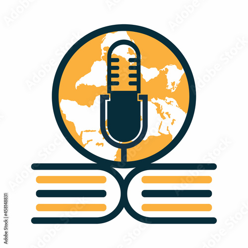 Educational Podcast globe Icon Logo Design. International Broadcast book logo template vector illustration.