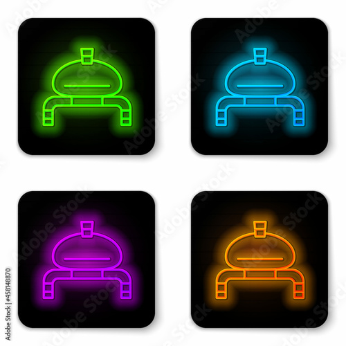 Glowing neon line Bread and salt on towel icon isolated on white background. National food loaf. Traditional ukrainian wedding bread. Black square button. Vector