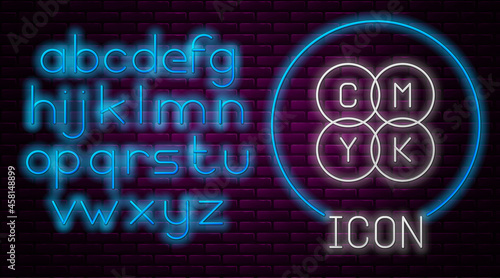 Glowing neon line CMYK color mixing icon isolated on brick wall background. Neon light alphabet. Vector