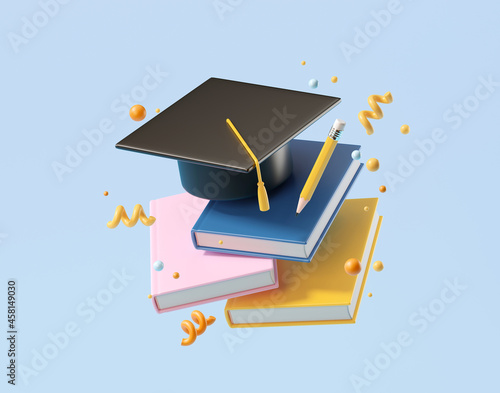 Minimal background for online education concept. Book with graduation hat on blue background. 3d rendering illustration. Clipping path of each element included. photo
