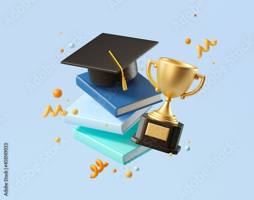 Minimal background for online education concept. Book with graduation hat on blue background. 3d rendering illustration. Clipping path of each element included.