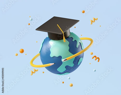 Minimal background for online education concept. Blue globe with graduation hat on blue background. 3d rendering illustration. Clipping path of each element included. photo