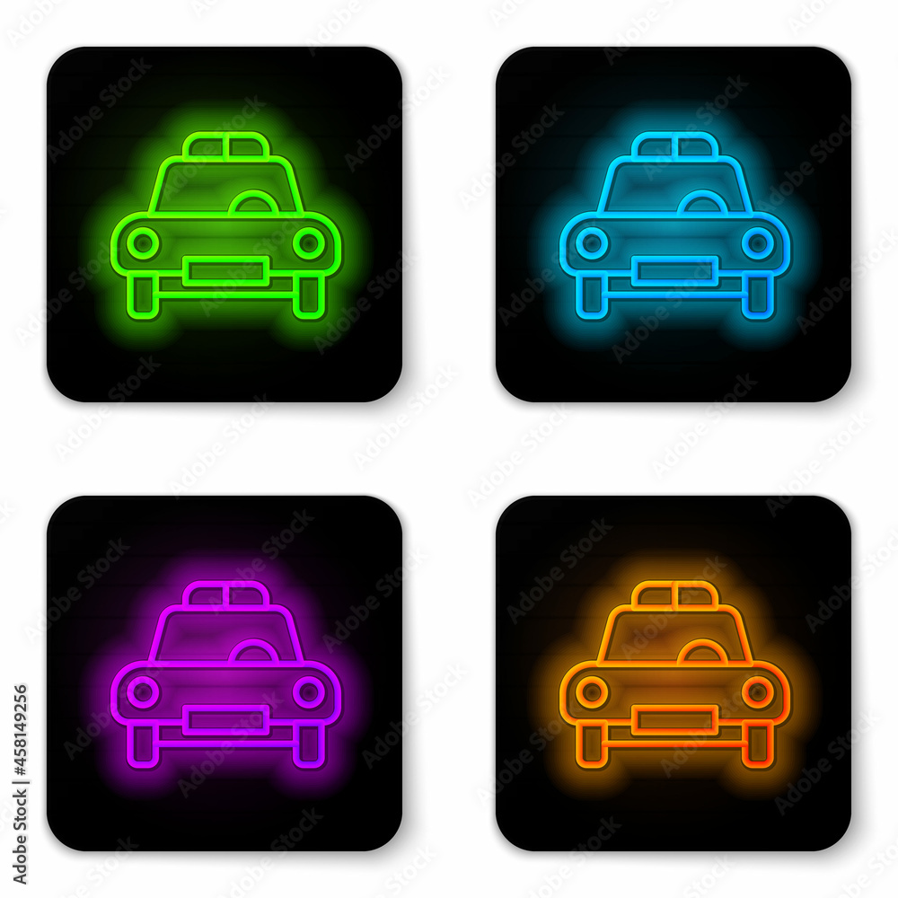 Glowing neon line Police car and police flasher icon isolated on white background. Emergency flashing siren. Black square button. Vector