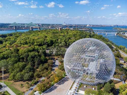 Aerial view of Montreal Biosphere in summer sunny day. Jean-Drapeau park, Saint Helens Island. A museum dedicated to the environment. photo