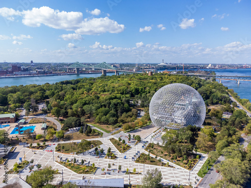 Aerial view of Montreal Biosphere in summer sunny day. Jean-Drapeau park, Saint Helens Island. A museum dedicated to the environment.