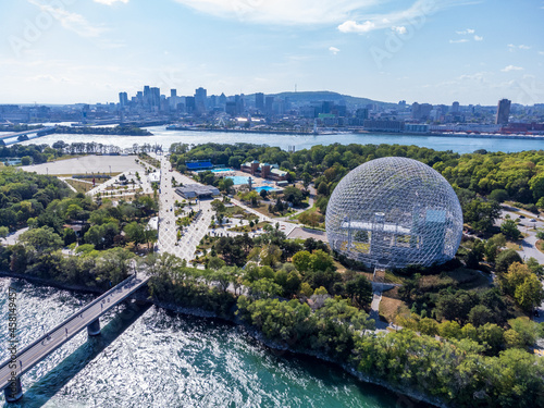 Aerial view of Montreal Biosphere in summer sunny day. Jean-Drapeau park, Saint Helens Island. A museum dedicated to the environment. photo