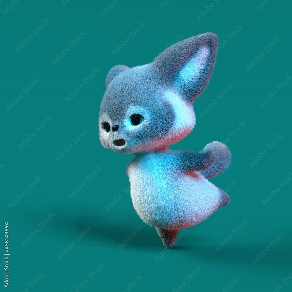 Fototapeta premium 3D-illustration of a cute and funny cyan cartoon fox. isolated rendering object
