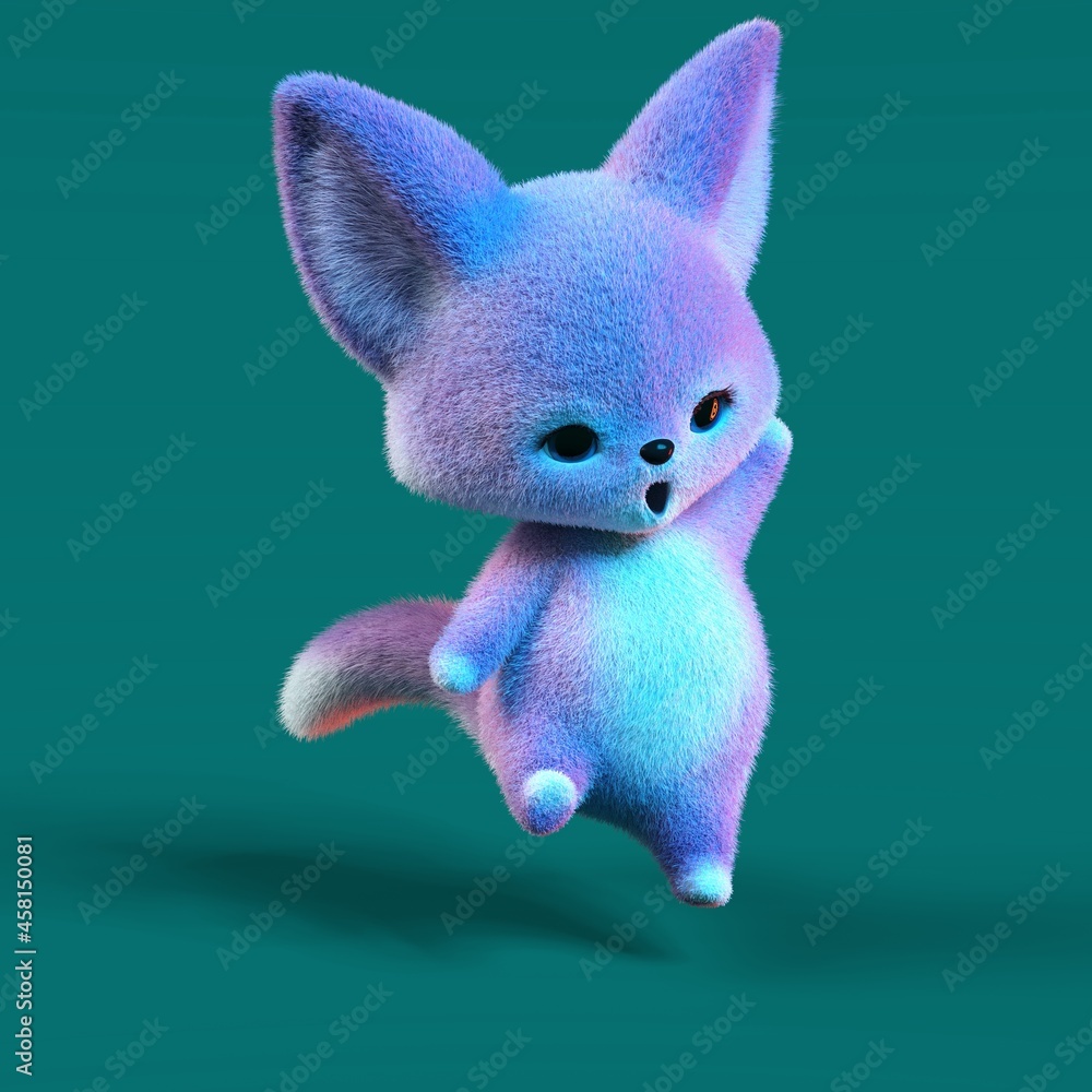 Fototapeta premium 3D-illustration of a cute and funny blue cartoon fox. isolated rendering object