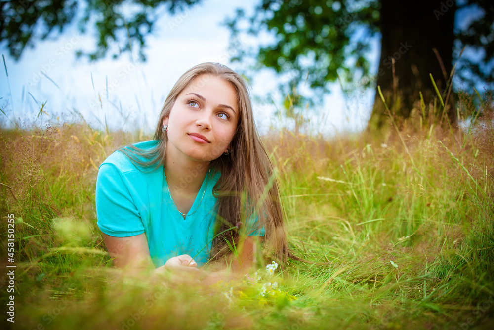 beautiful young brunette woman on the meadow beautiful young brunette woman on the meadow