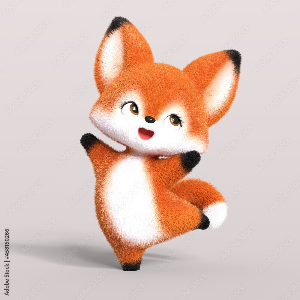 3D-illustration of a cute and funny cartoon fox dancing happily. isolated  rendering object Stock Illustration | Adobe Stock