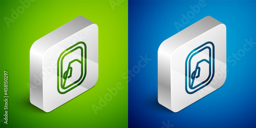 Isometric line Airplane window icon isolated on green and blue background. Aircraft porthole. Silver square button. Vector