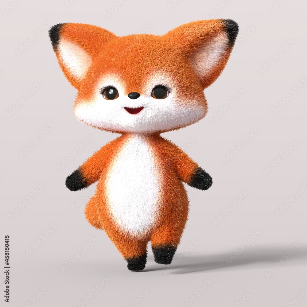 Fototapeta premium 3D-illustration of a cute and funny standing walking cartoon fox. isolated rendering object