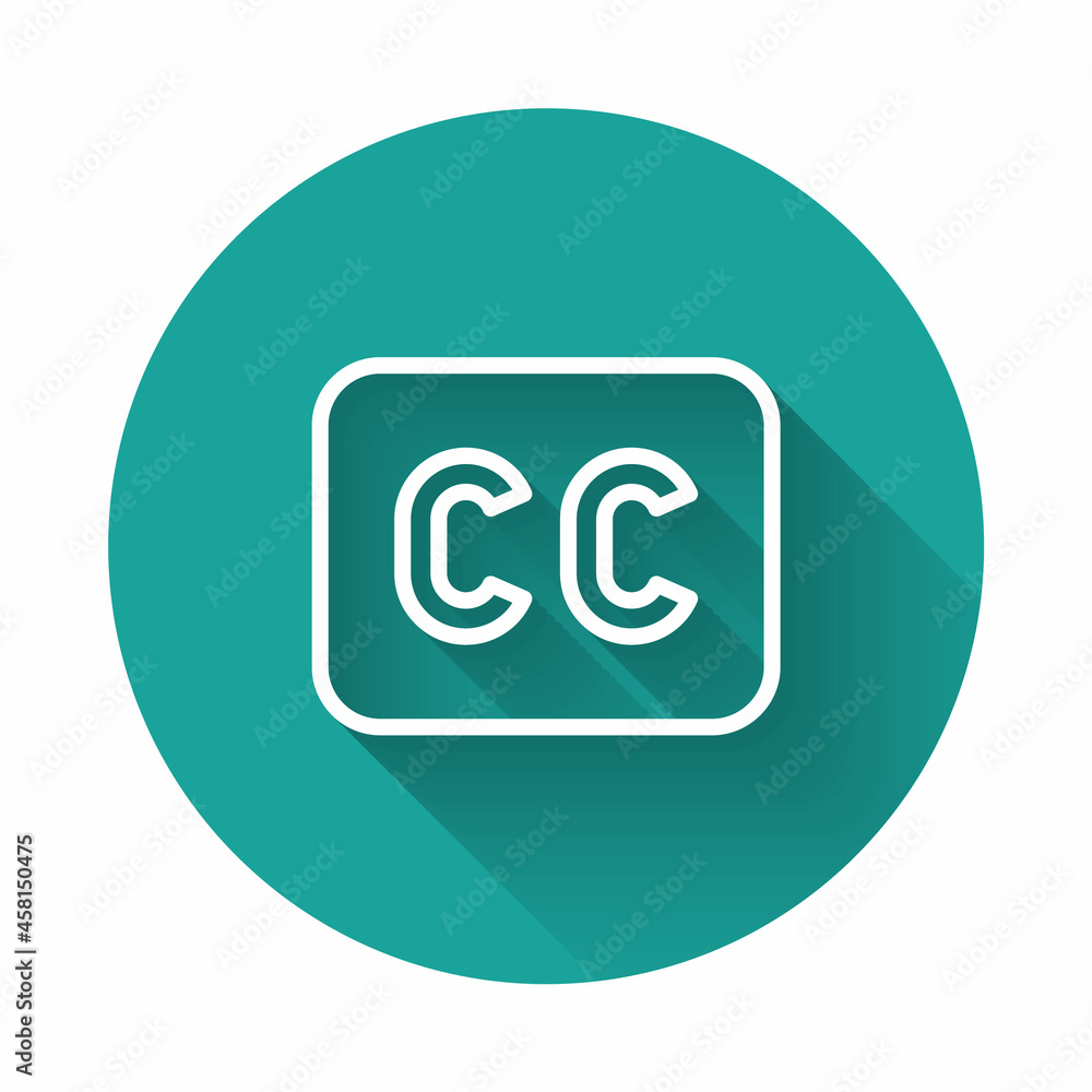 White line Subtitles icon isolated with long shadow background. Green circle button. Vector White line Subtitles icon isolated with long shadow background. Green circle button. Vector