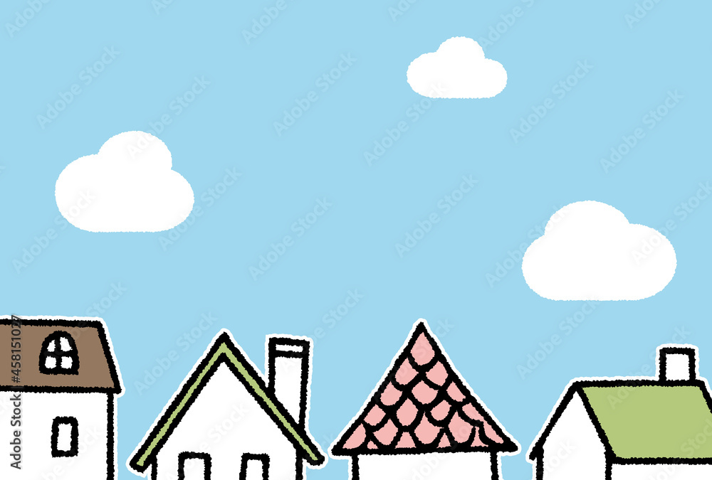 手描き風のまちなみ_春の住宅街 手描き風のまちなみ_春の住宅街