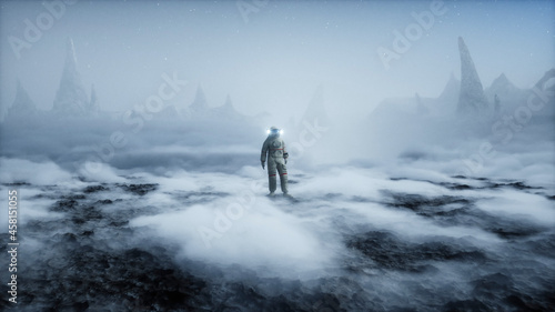 Astronaut on alien planet. Mars surface. Space travel. 3d rendering.