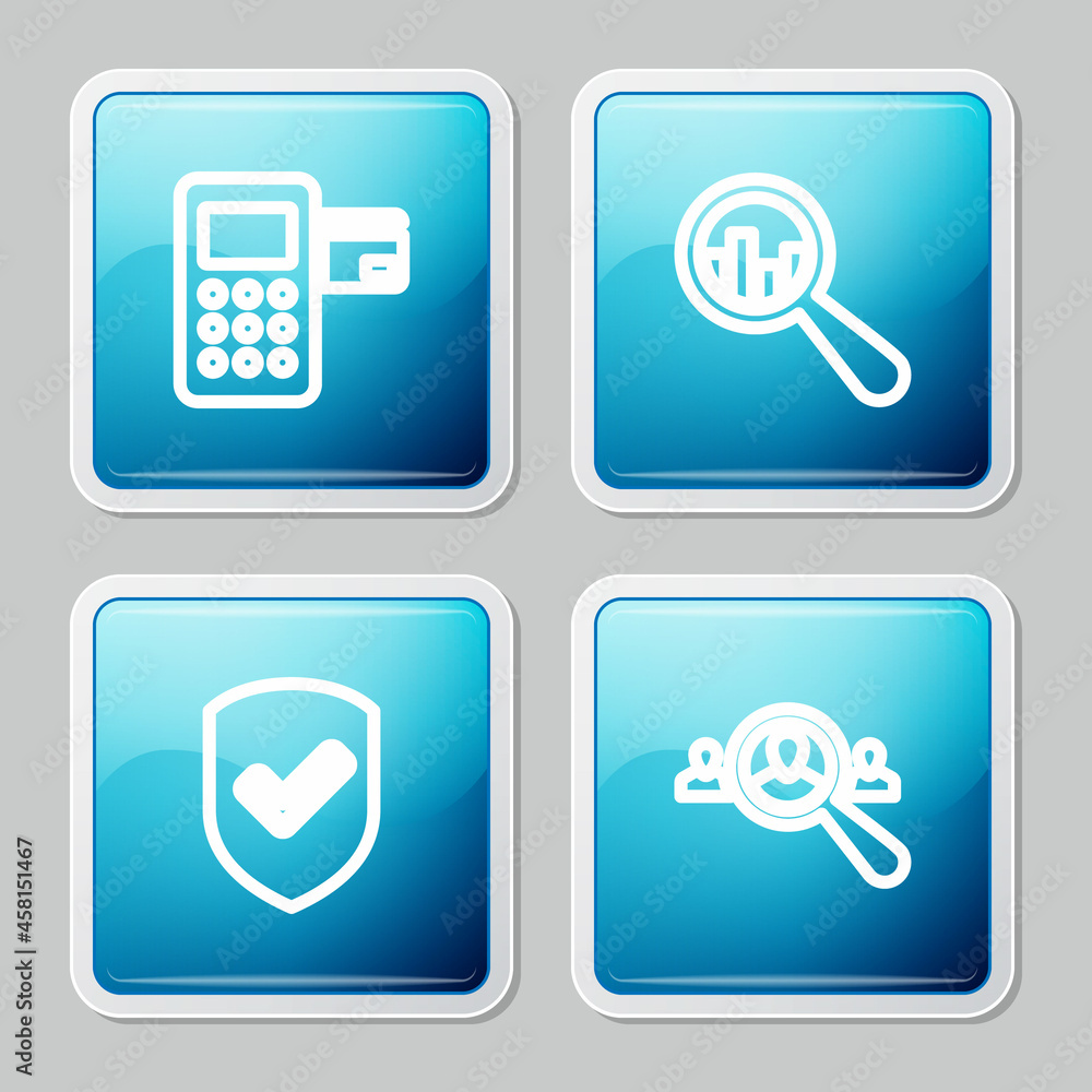 Set line Pos terminal, Magnifying glass and analysis, Shield with check mark and for search people icon. Vector Set line Pos terminal, Magnifying glass and analysis, Shield with check mark and for search people icon. Vector