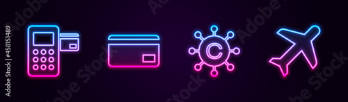 Set line Pos terminal, Credit card, Copywriting network and Plane. Glowing neon icon. Vector