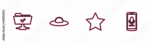 Set line FTP operation successful, Star, UFO flying spaceship and Mobile recording icon. Vector