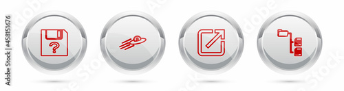 Set line Unknown document, UFO flying spaceship and alien, Open new window and Folder tree. Silver circle button. Vector
