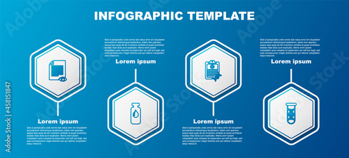 Set line Paper page with eye, Medical vial, ampoule, Clipboard DNA analysis and research, search. Business infographic template. Vector