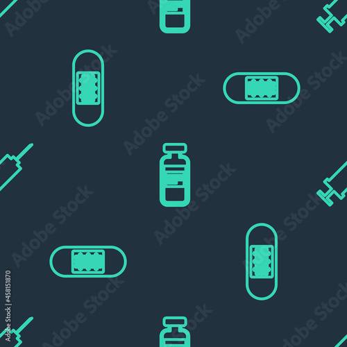 Set line Medical vial, ampoule, Bandage plaster and Syringe on seamless pattern. Vector