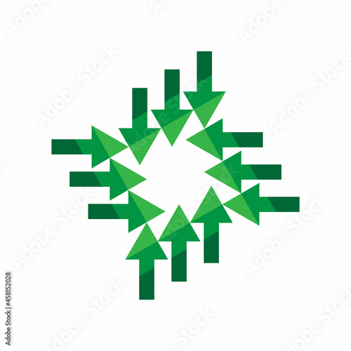 Green arrows inward icon. Cursor sign. Navigation pointer. Abstract geometric figure. Vector illustration. Stock image. 