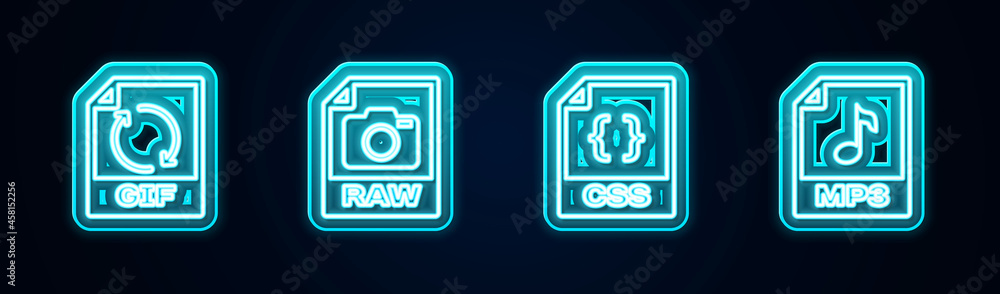 Set line GIF file document, RAW, CSS and MP3. Glowing neon icon. Vector Set line GIF file document, RAW, CSS and MP3. Glowing neon icon. Vector