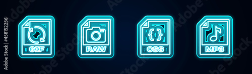 Set line GIF file document, RAW, CSS and MP3. Glowing neon icon. Vector