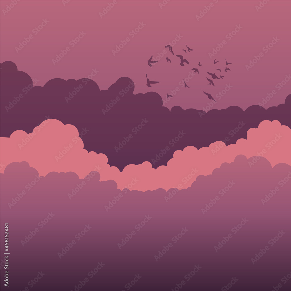 Illustration with clouds and birds.