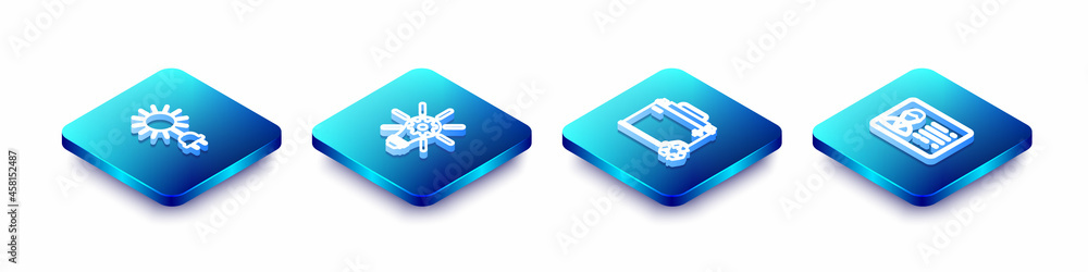 Set Isometric line Sun with electric plug, Light bulb gear, Car battery recycle and Identification badge icon. Vector Set Isometric line Sun with electric plug, Light bulb gear, Car battery recycle and Identification badge icon. Vector