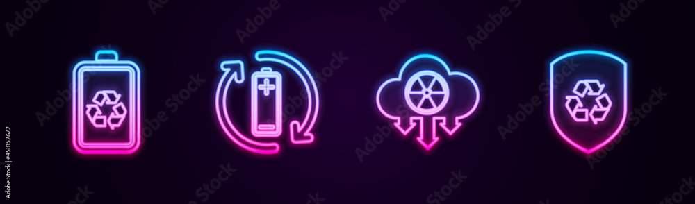 Set line Battery with recycle, , Acid rain and radioactive cloud and Recycle inside shield. Glowing neon icon. Vector Set line Battery with recycle, , Acid rain and radioactive cloud and Recycle inside shield. Glowing neon icon. Vector