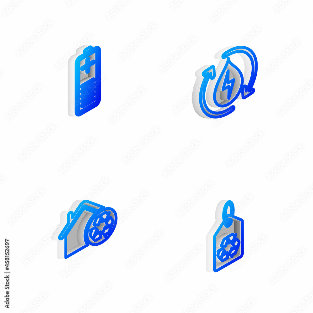 Set Isometric line Recycle clean aqua, Battery charge level indicator, Eco House with recycling and Tag recycle icon. Vector Set Isometric line Recycle clean aqua, Battery charge level indicator, Eco House with recycling and Tag recycle icon. Vector