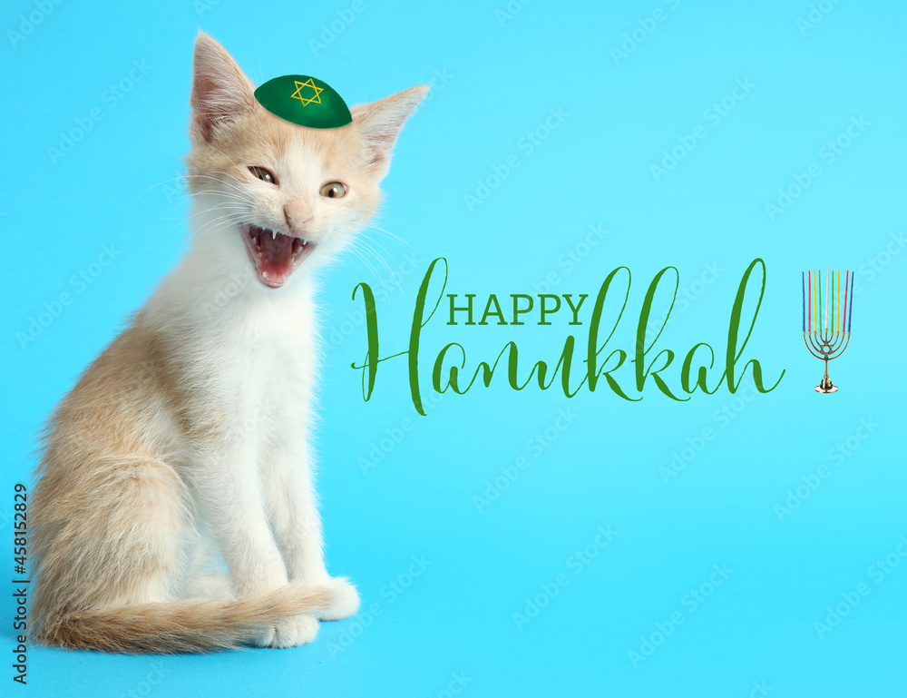 Greeting card for Happy Hannukah with funny Jewish cat