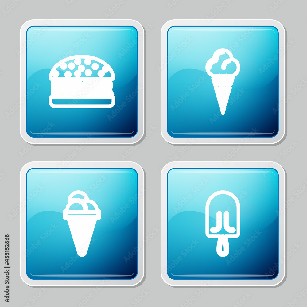 Set line Burger, Ice cream in waffle cone, and icon. Vector