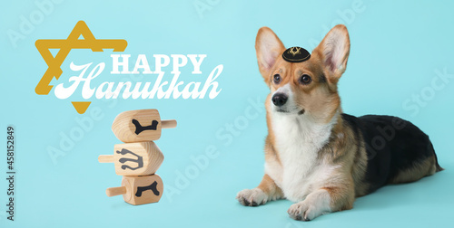 Greeting card for Happy Hannukah with funny Jewish dog photo
