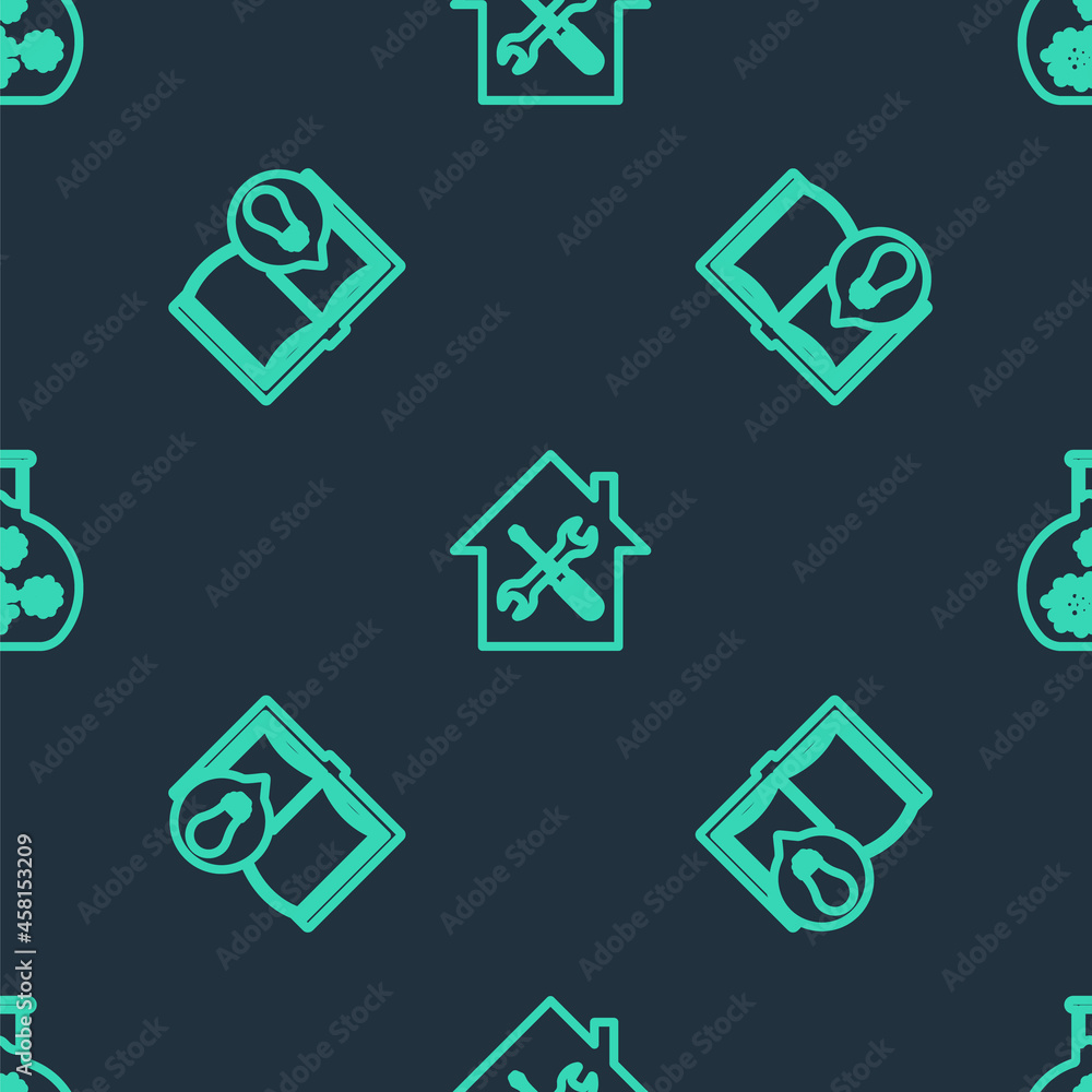 Set line House service, Interesting facts and Test tube with virus on seamless pattern. Vector Set line House service, Interesting facts and Test tube with virus on seamless pattern. Vector
