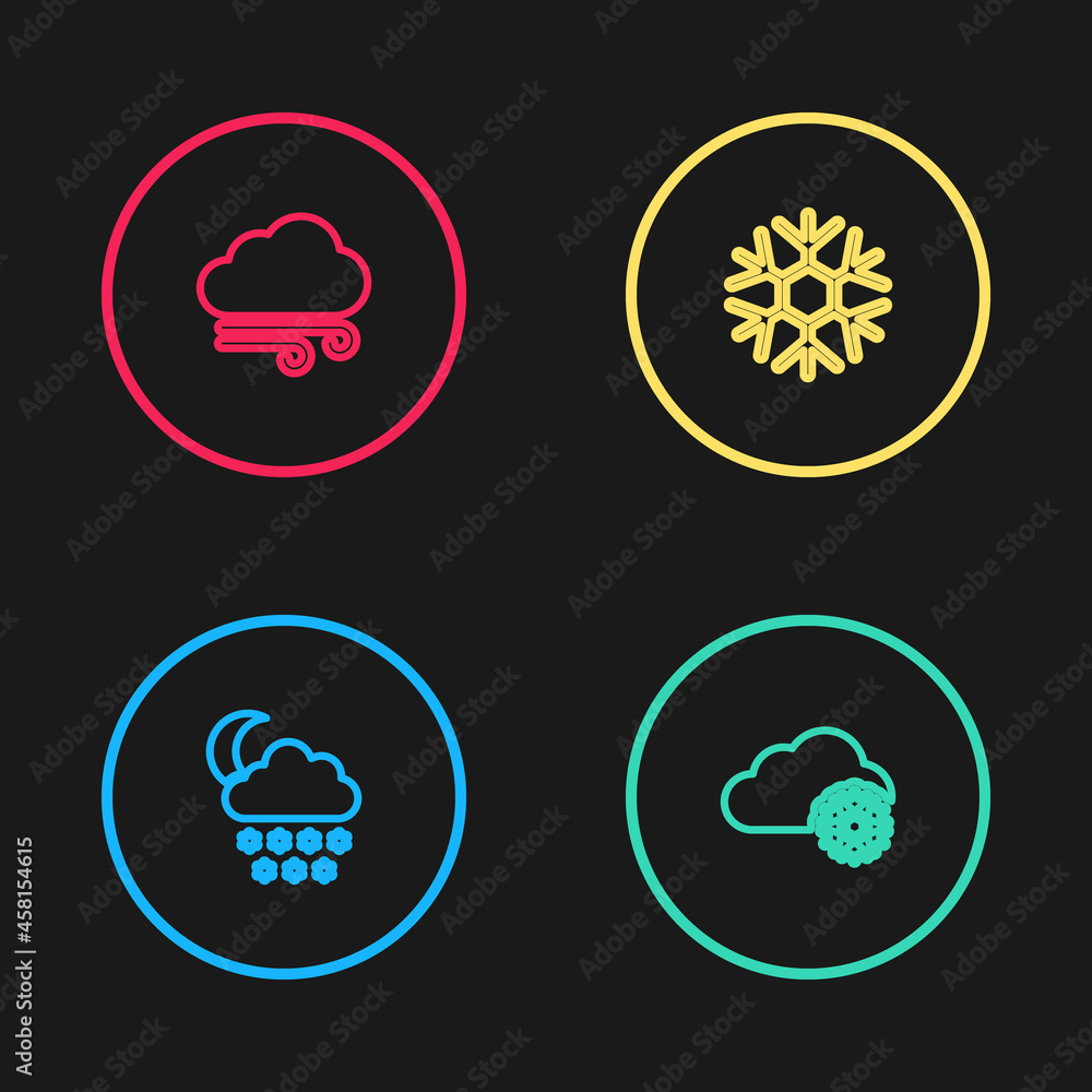 Set line Cloud with snow and moon, , Snowflake and Windy weather icon. Vector Set line Cloud with snow and moon, , Snowflake and Windy weather icon. Vector