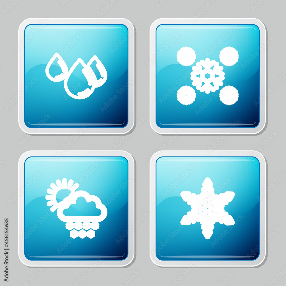 Set line Water drop, Snow, Cloud with snow and sun and Snowflake icon. Vector