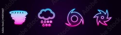 Set line Tornado, Cloud with snow and rain, and . Glowing neon icon. Vector