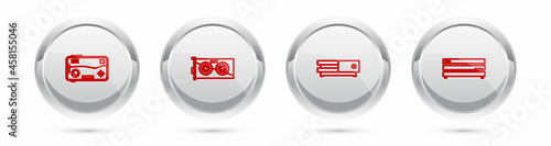 Set line Mobile and playing in game, Video graphic card, console and . Silver circle button. Vector