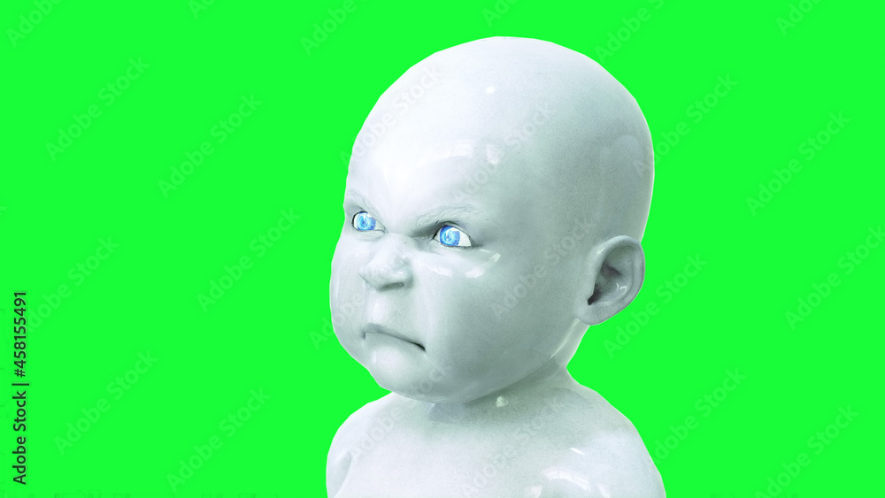Evil robot baby, children. Green screen 3d rendering. Evil robot baby, children. Green screen 3d rendering.
