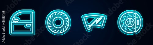 Set line Car door, tire, Windscreen wiper and brake disk with caliper. Glowing neon icon. Vector