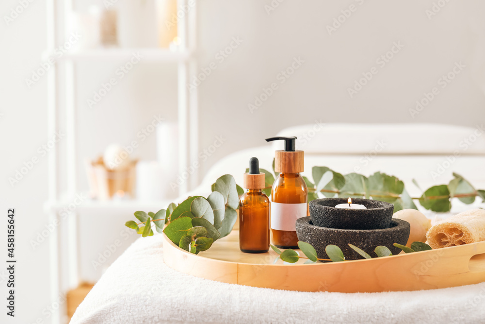 Spa supplies on table in beauty salon