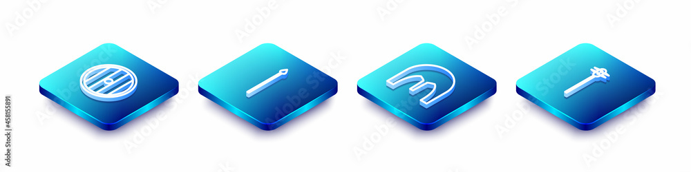 Set Isometric line Round wooden shield, Medieval spear, iron helmet and chained mace ball icon. Vector Set Isometric line Round wooden shield, Medieval spear, iron helmet and chained mace ball icon. Vector