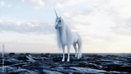 standing white magical unicorn in rocks.3d rendering.