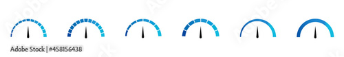 Conjunto de icono de velocímetro de color azul. Tacómetro, barómetro. Valoración de velocidad de escala, medición de velocidad. Ilustración vectorial